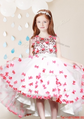 Popular High Low Applique and Laced White and Red Flower Girl Dress