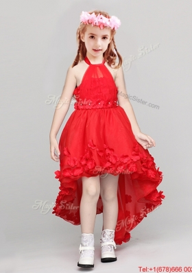 Pretty High Low Applique Red Flower Girl Dress with Halter Top