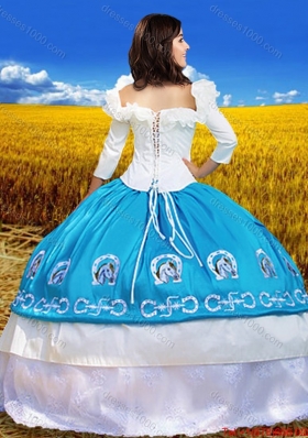 Cowgirl Three Fourth Length Sleeves Blue and White Quinceanera Dress with Embroidery and Lace