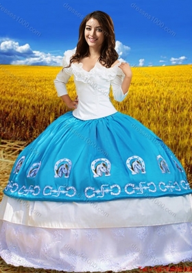 Cowgirl Three Fourth Length Sleeves Blue and White Quinceanera Dress with Embroidery and Lace