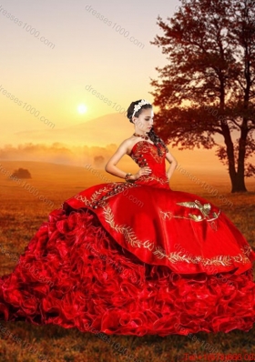 Western Theme Popular Sweetheart Organza and Taffeta Red Quinceanera Dress with Brush Train