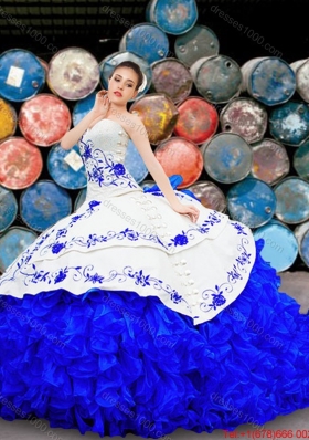 Wild West Pretty Organza and Taffeta Brush Train Quinceanera Gown in White and Blue