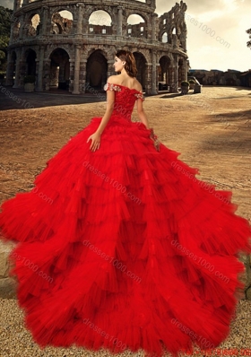 2017 Most Popular Beaded and Ruffled Layers Tulle Red Quinceanera Dress with Chapel Train