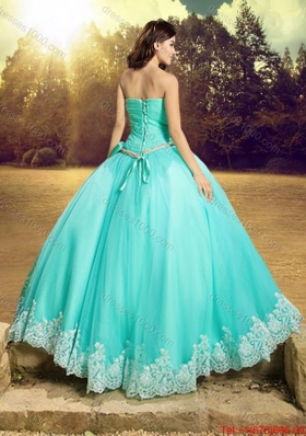 2017 New Style Really Puffy Strapless Bowknot and Laced Quinceanera Dress in Turquoise