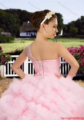 Affordable See Through One Shoulder Baby Pink Tulle Quinceanera Dress with Beaded Bodice