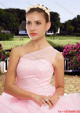 Affordable See Through One Shoulder Baby Pink Tulle Quinceanera Dress with Beaded Bodice