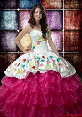 Country LifeStyle New Style Hot Pink and White Quinceanera Dress with Embroidery and Ruffled Layers