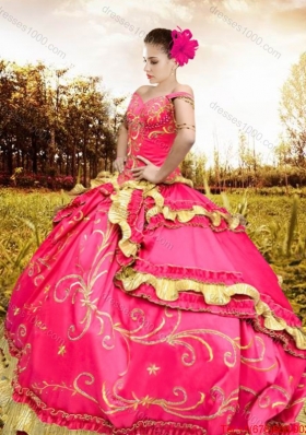 Western Style Luxurious Embroideried and Beaded Fuchsia Quinceanera Dress with Off The Shoulder