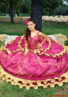 Western Style Luxurious Embroideried and Beaded Fuchsia Quinceanera Dress with Off The Shoulder
