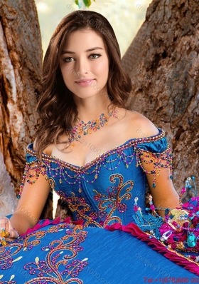 Western Theme Latest Big Puffy Embroideried and Beaded Blue Quinceanera Dress with Off the Shoulder