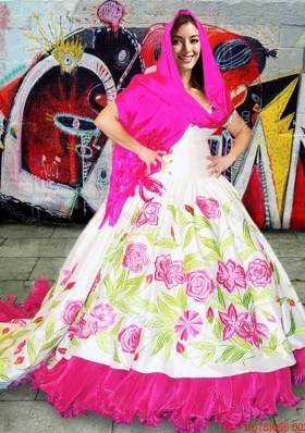 Western Theme New Arrivals Deep V Neckline Brush Train Taffeta Quinceanera Gown in Hot Pink and White