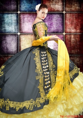 Western Theme Off the Shoulder Organza and Taffeta Embroideried Quinceanera Dress in Yellow and Black