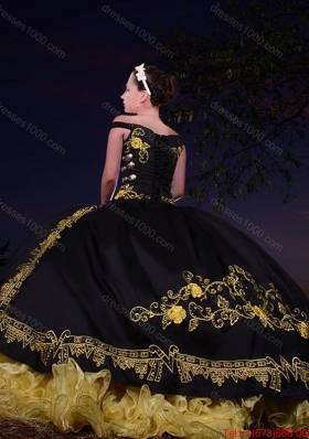 Western Theme Off the Shoulder Organza and Taffeta Embroideried Quinceanera Dress in Yellow and Black