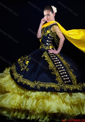 Western Theme Off the Shoulder Organza and Taffeta Embroideried Quinceanera Dress in Yellow and Black