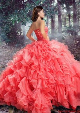 Western Theme Top Seller Strapless Beaded and Ruffled Organza Quinceanera Gown in Coral Red