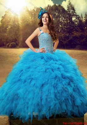 Wild-west Cheap Straps Baby Blue Tulle Quinceanera Dress with Beaded Bodice and Ruffles