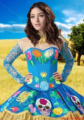 Western Theme Pretty See Through High Neck Embroideried Quinceanera Dress with Long Sleeves