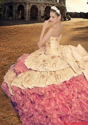 Country LifeStyle Best Selling Brush Train Rose Pink Quinceanera Dress with Embroidery and Ruffles