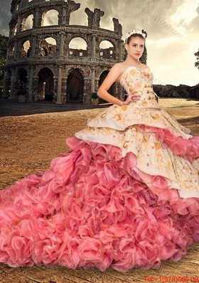 Country LifeStyle Best Selling Brush Train Rose Pink Quinceanera Dress with Embroidery and Ruffles