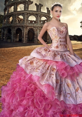 Country LifeStyle Best Selling Brush Train Rose Pink Quinceanera Dress with Embroidery and Ruffles