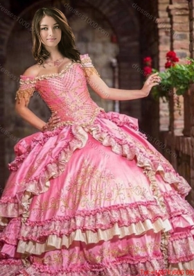 Exclusive Beaded and Ruffled Layers Off The Shoulder Taffeta Rose Pink Quinceanera Dress