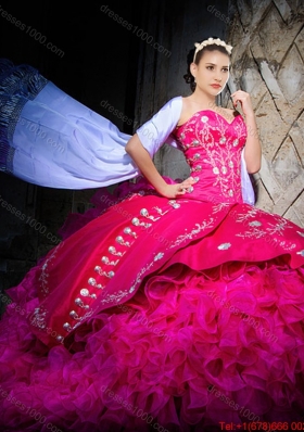 Western Style New Style Brush Train Hot Pink Quinceanera Dress with Beading and Ruffles