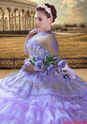 Western Theme Gorgeous See Through High Neck Lavender Quinceanera Dress with 3/4-length Sleeves