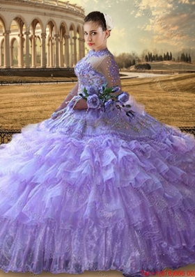 Western Theme Gorgeous See Through High Neck Lavender Quinceanera Dress with 3/4-length Sleeves