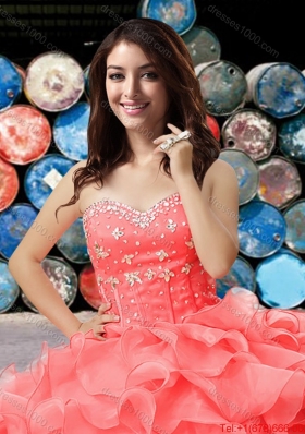 Western Theme Hot Sale Beaded and Ruffled Coral Red Quinceanera Dress in Organza for 2017