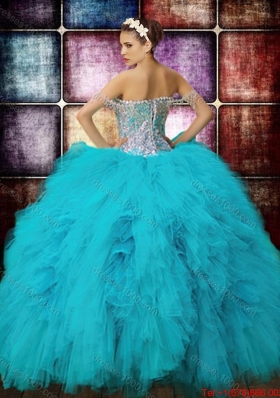 Country LifeStyle Beaded Decorated Off the Shoulder Sequined Bodice Teal Quinceanera Dress in Tulle