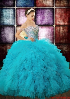 Country LifeStyle Beaded Decorated Off the Shoulder Sequined Bodice Teal Quinceanera Dress in Tulle