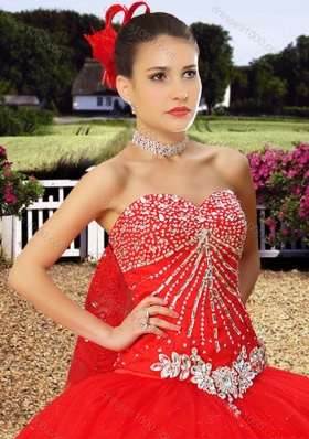 Wild West Wonderful Sweetheart Beaded and Laced Watteau Train Quinceanera Dress in Red