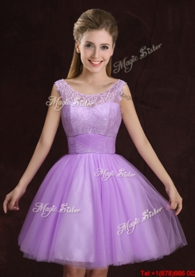 2017 Discount See Through Tulle Lilac Prom Dress with Lace and Ruching