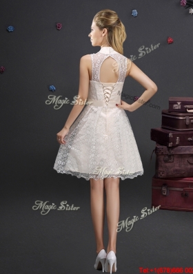 Sexy High Neck Laced Champagne Prom Dress with Appliques