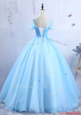 Cheap Applique and Ruched Scoop Quinceanera Gown with Short Sleeves