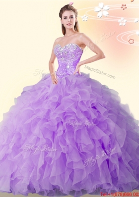 Cheap Organza Beaded and Ruffled Quinceanera Dress in Eggplant Purple