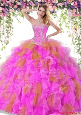 Colorful Ruffled and Beaded Two Tone Sweet 15 Dress in Organza
