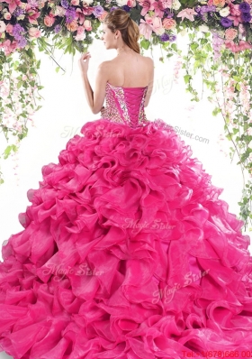 Discount Really Puffy Ruffled and Beaded Quinceanera Gown in Hot Pink