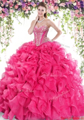 Discount Really Puffy Ruffled and Beaded Quinceanera Gown in Hot Pink