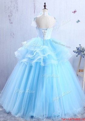 Elegant Light Blue V Neck Quinceanera Gown with Appliques and Ruffles