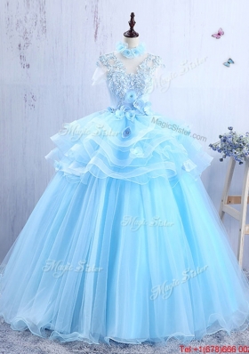 Elegant Light Blue V Neck Quinceanera Gown with Appliques and Ruffles