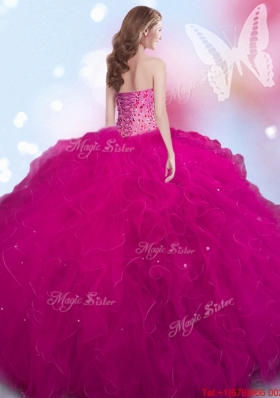 Elegant Ruffled and Beaded Tulle Quinceanera Dress in Fuchsia