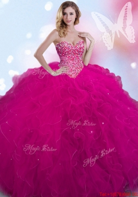 Elegant Ruffled and Beaded Tulle Quinceanera Dress in Fuchsia