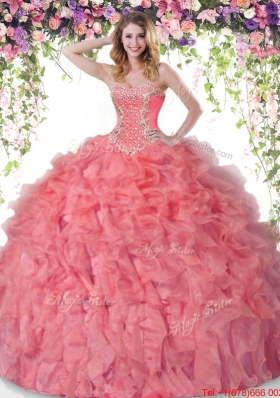 Exclusive Summer Beaded and Ruffled Sweet 16 Dress in Coral Red