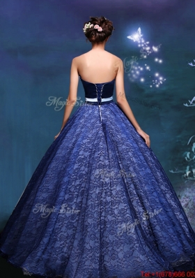 Exquisite Laced Royal Blue Quinceanera Gown with Appliques and Bowknot