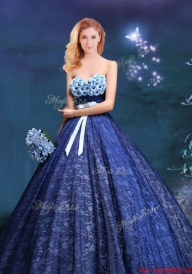 Exquisite Laced Royal Blue Quinceanera Gown with Appliques and Bowknot