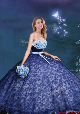 Exquisite Laced Royal Blue Quinceanera Gown with Appliques and Bowknot