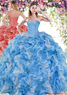 Fashionable Beaded and Ruffled Baby Blue and White Quinceanera Dress