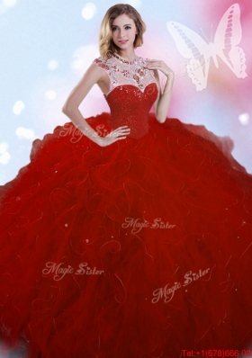Fashionable Wine Red High Neck Quinceanera Dress with Beading and Ruffles
