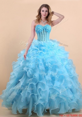 Inexpensive Applique and Ruffled Organza Quinceanera Gown in Light Blue
